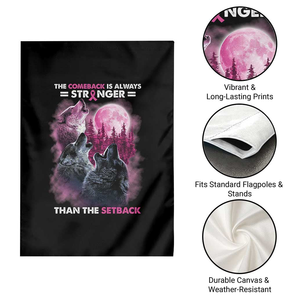 Pink Breast Cancer Garden Flag Pink Ribbon Comeback Stronger Than Setback Wolf Moon - Wonder Print Shop