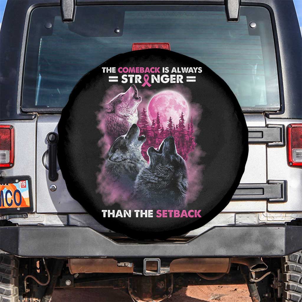 Pink Breast Cancer Spare Tire Cover Pink Ribbon Comeback Stronger Than Setback Wolf Moon - Wonder Print Shop