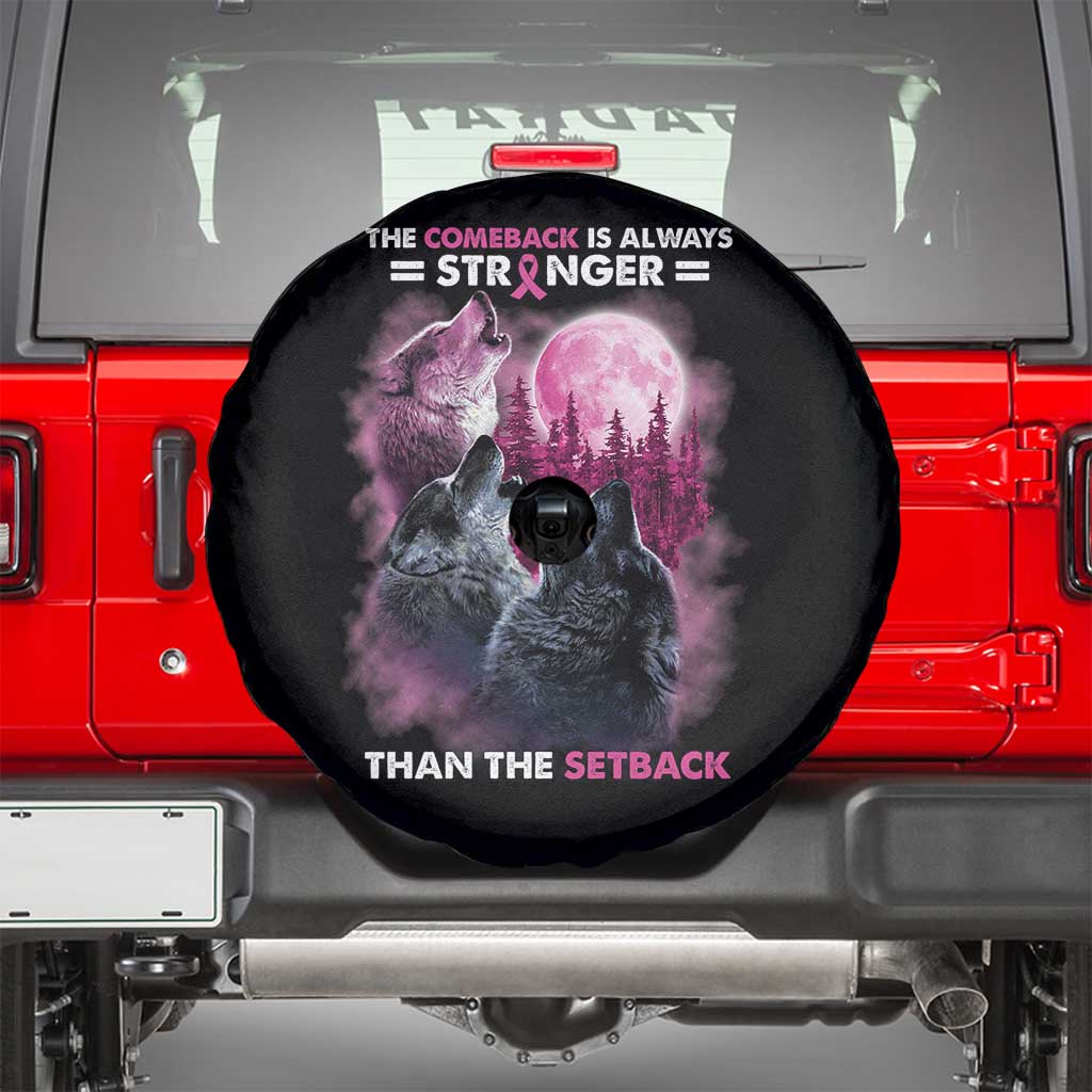 Pink Breast Cancer Spare Tire Cover Pink Ribbon Comeback Stronger Than Setback Wolf Moon - Wonder Print Shop