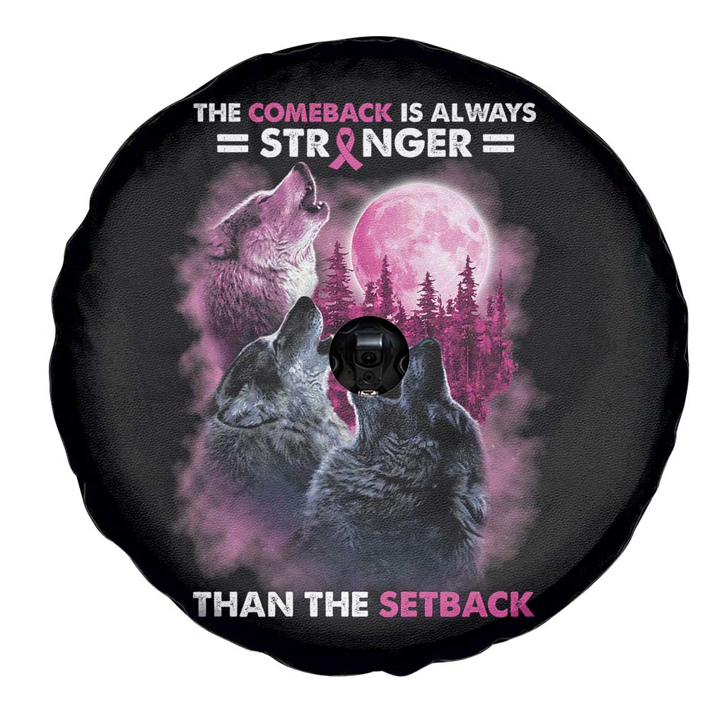 Pink Breast Cancer Spare Tire Cover Pink Ribbon Comeback Stronger Than Setback Wolf Moon - Wonder Print Shop