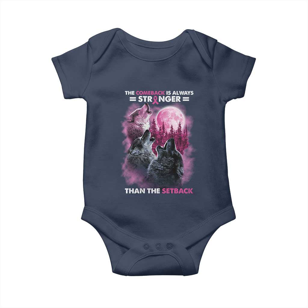 Pink Breast Cancer Baby Onesie Pink Ribbon Comeback Stronger Than Setback Wolf Moon - Wonder Print Shop