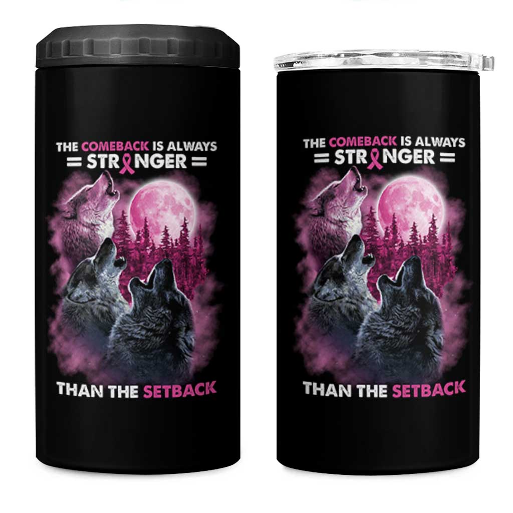 Pink Breast Cancer 4 in 1 Can Cooler Tumbler Pink Ribbon Comeback Stronger Than Setback Wolf Moon - Wonder Print Shop