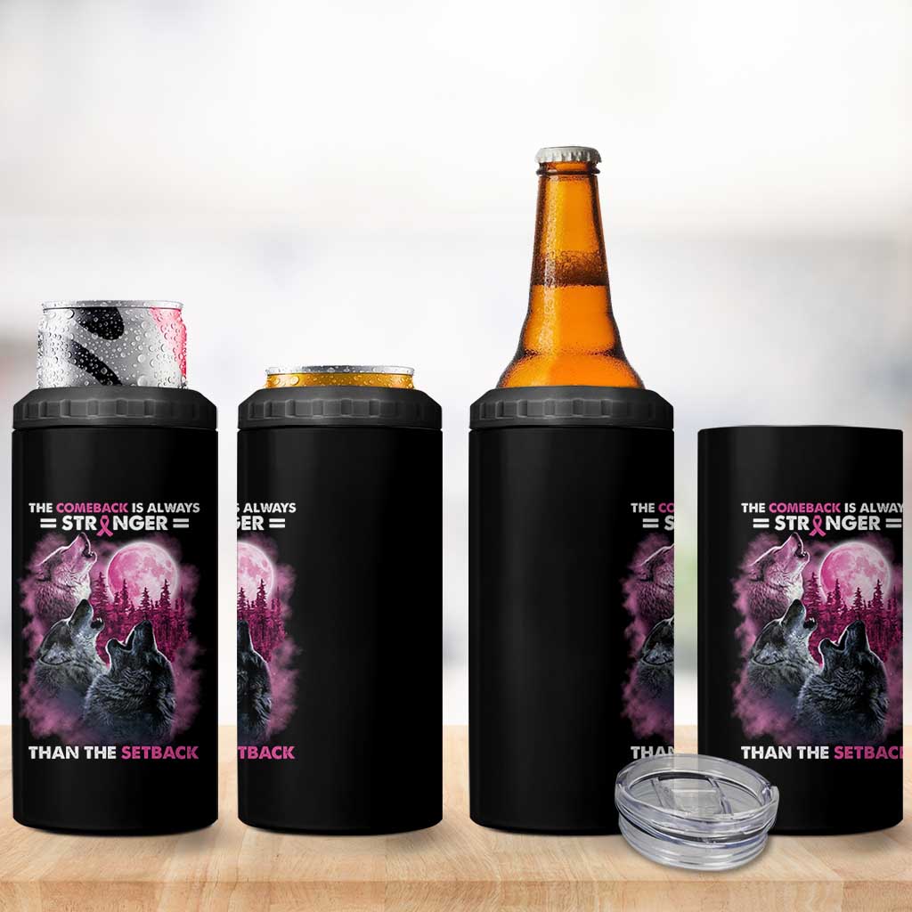 Pink Breast Cancer 4 in 1 Can Cooler Tumbler Pink Ribbon Comeback Stronger Than Setback Wolf Moon - Wonder Print Shop