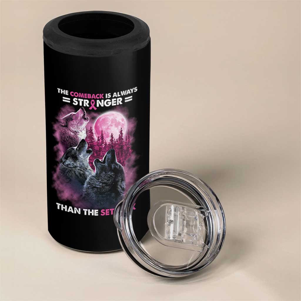 Pink Breast Cancer 4 in 1 Can Cooler Tumbler Pink Ribbon Comeback Stronger Than Setback Wolf Moon - Wonder Print Shop