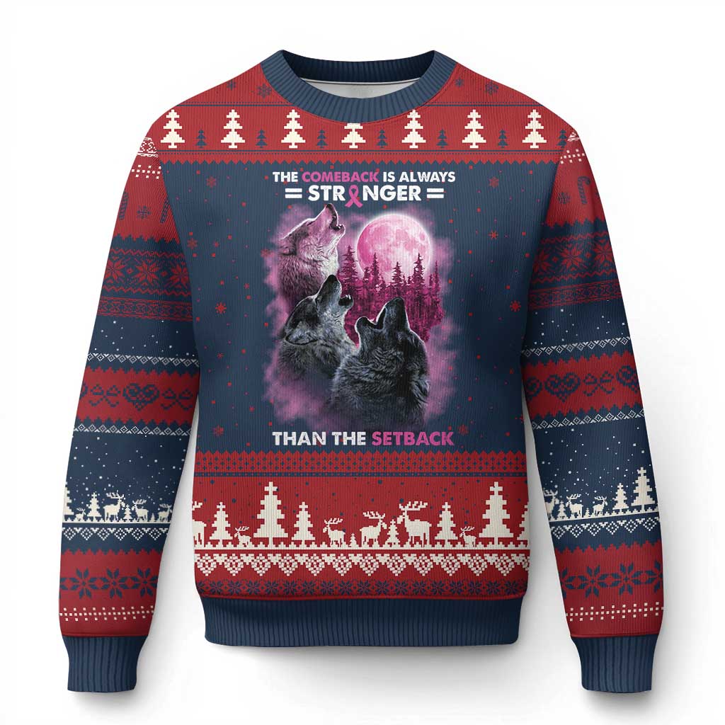 Pink Breast Cancer Ugly Christmas Sweater Pink Ribbon Comeback Stronger Than Setback Wolf Moon - Wonder Print Shop