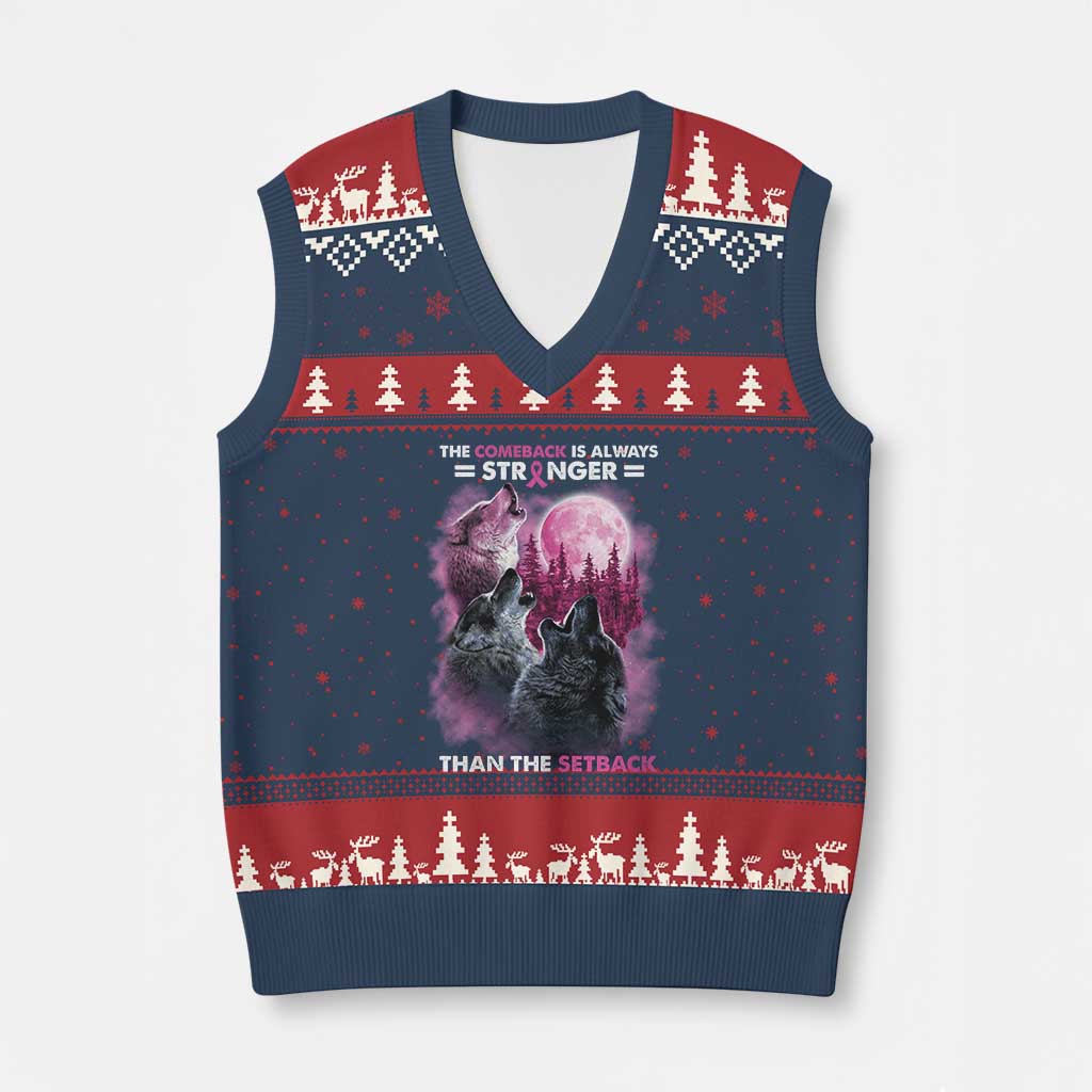 Pink Breast Cancer V-Neck Knit Sweater Vest Pink Ribbon Comeback Stronger Than Setback Wolf Moon - Wonder Print Shop