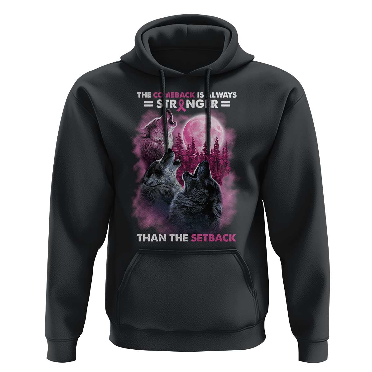 Pink Breast Cancer Hoodie Pink Ribbon Comeback Stronger Than Setback Wolf Moon - Wonder Print Shop