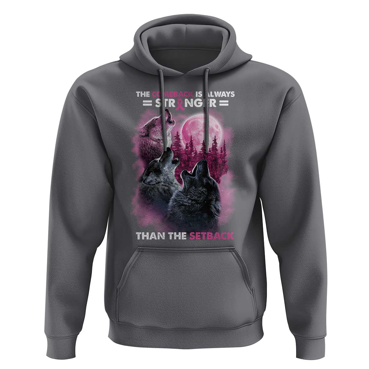 Pink Breast Cancer Hoodie Pink Ribbon Comeback Stronger Than Setback Wolf Moon - Wonder Print Shop