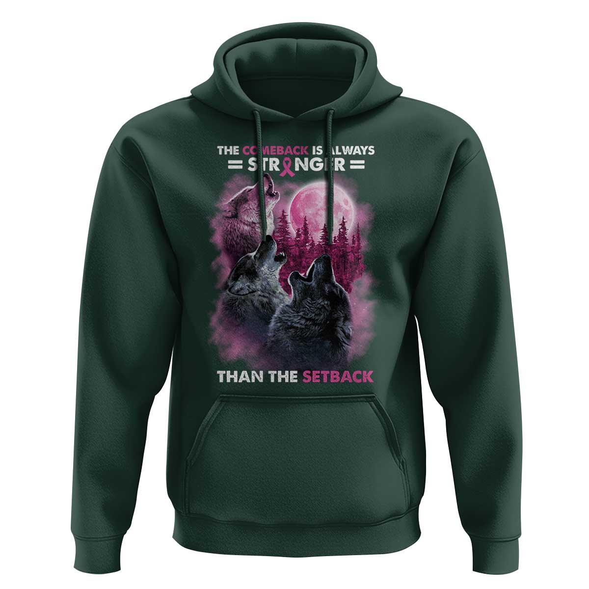 Pink Breast Cancer Hoodie Pink Ribbon Comeback Stronger Than Setback Wolf Moon - Wonder Print Shop