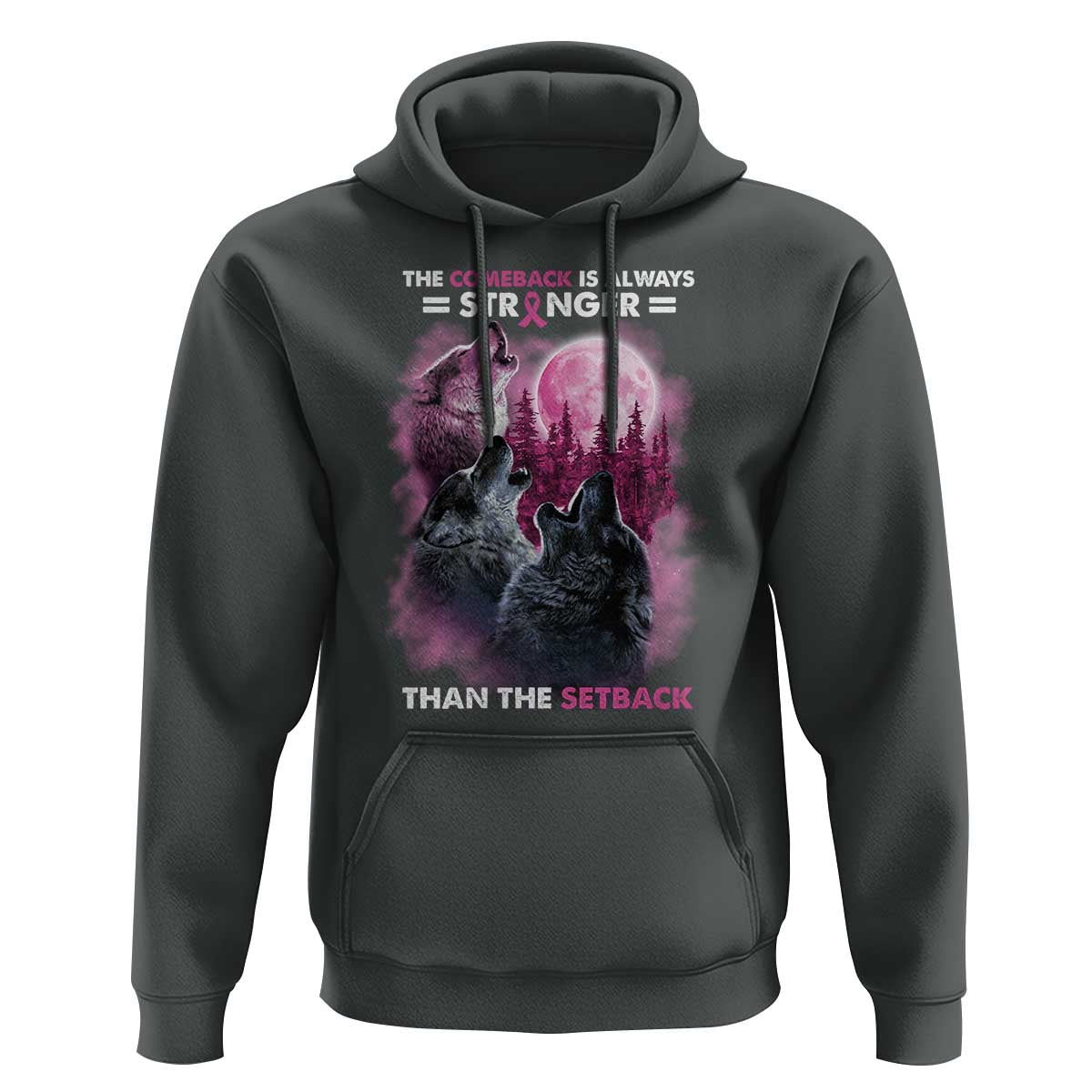 Pink Breast Cancer Hoodie Pink Ribbon Comeback Stronger Than Setback Wolf Moon - Wonder Print Shop