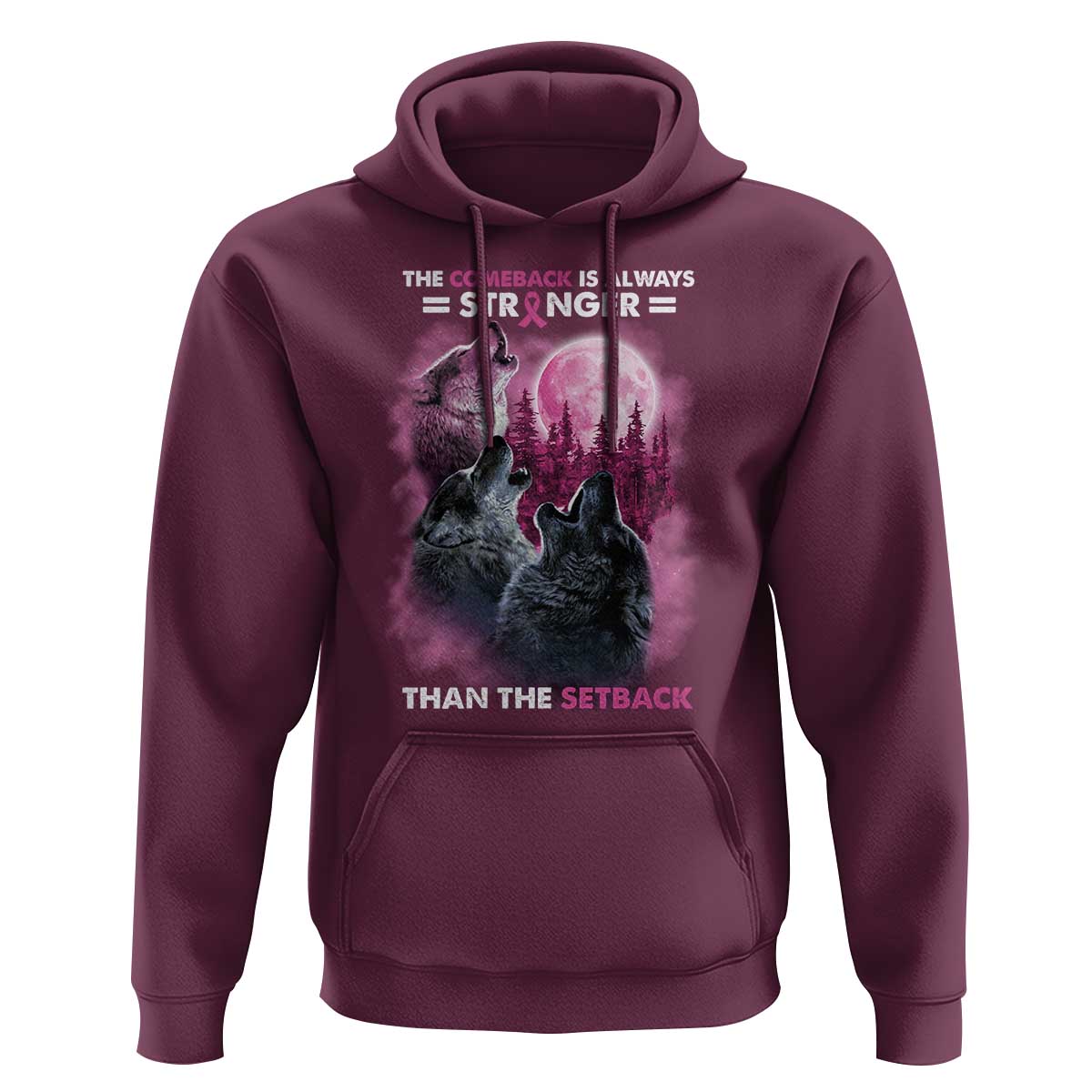 Pink Breast Cancer Hoodie Pink Ribbon Comeback Stronger Than Setback Wolf Moon - Wonder Print Shop