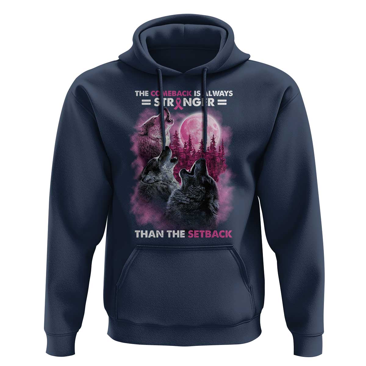 Pink Breast Cancer Hoodie Pink Ribbon Comeback Stronger Than Setback Wolf Moon - Wonder Print Shop