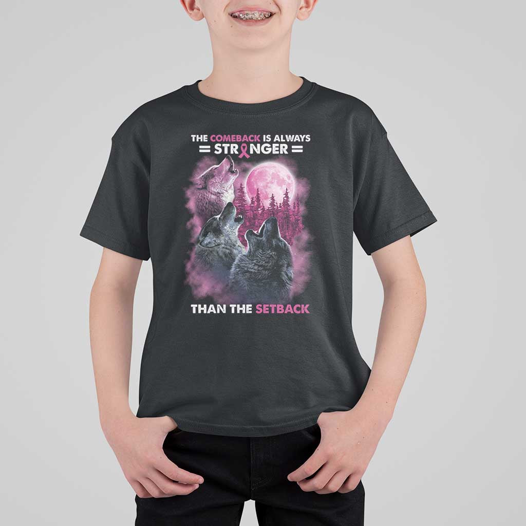 Pink Breast Cancer T Shirt For Kid Pink Ribbon Comeback Stronger Than Setback Wolf Moon - Wonder Print Shop