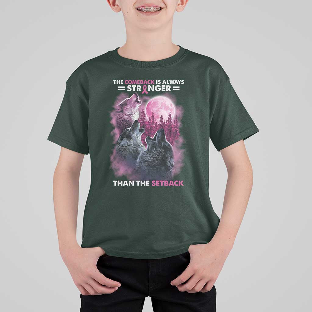 Pink Breast Cancer T Shirt For Kid Pink Ribbon Comeback Stronger Than Setback Wolf Moon - Wonder Print Shop