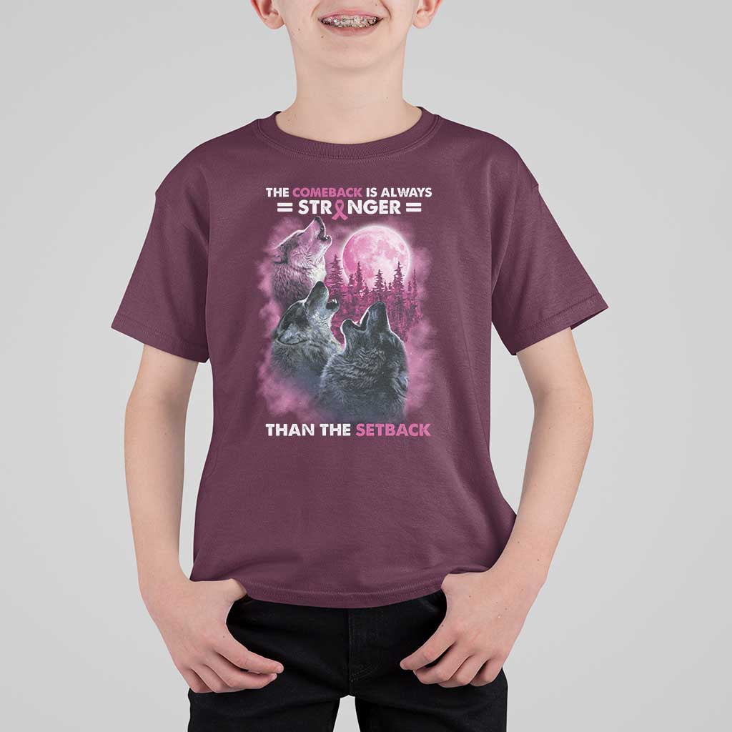 Pink Breast Cancer T Shirt For Kid Pink Ribbon Comeback Stronger Than Setback Wolf Moon - Wonder Print Shop