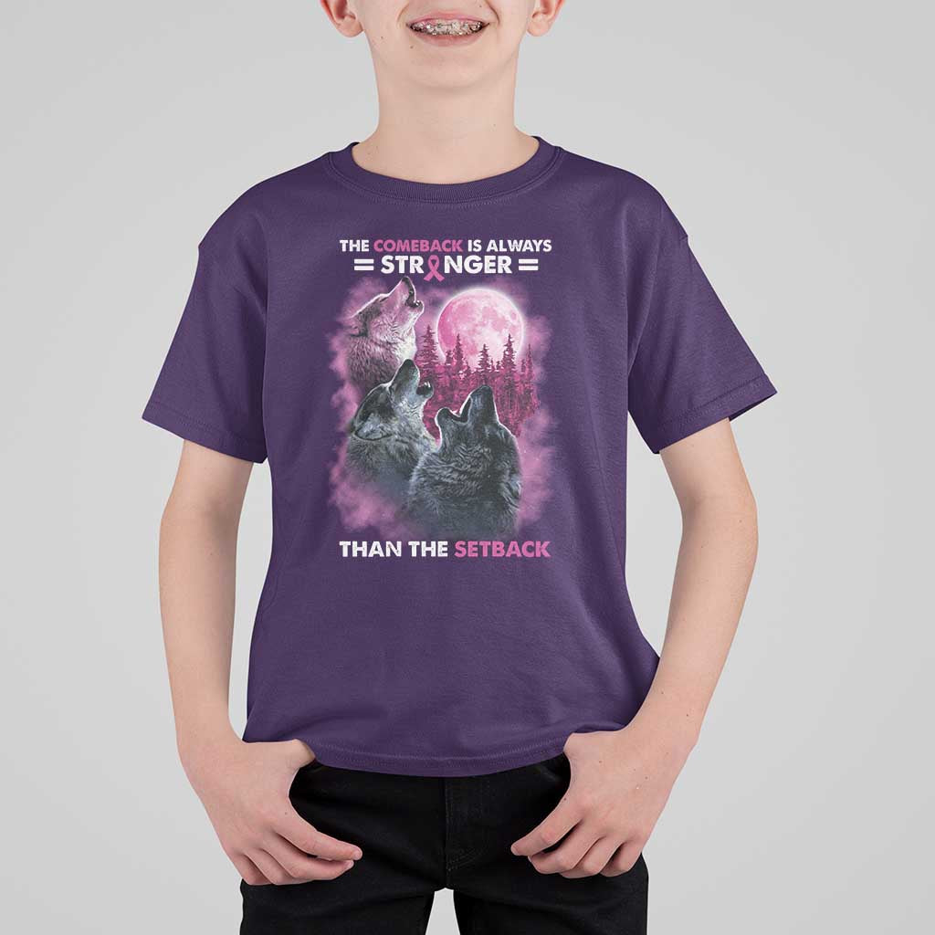 Pink Breast Cancer T Shirt For Kid Pink Ribbon Comeback Stronger Than Setback Wolf Moon - Wonder Print Shop