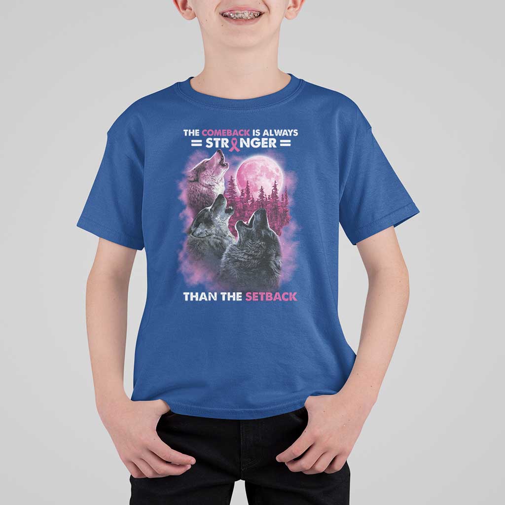 Pink Breast Cancer T Shirt For Kid Pink Ribbon Comeback Stronger Than Setback Wolf Moon - Wonder Print Shop