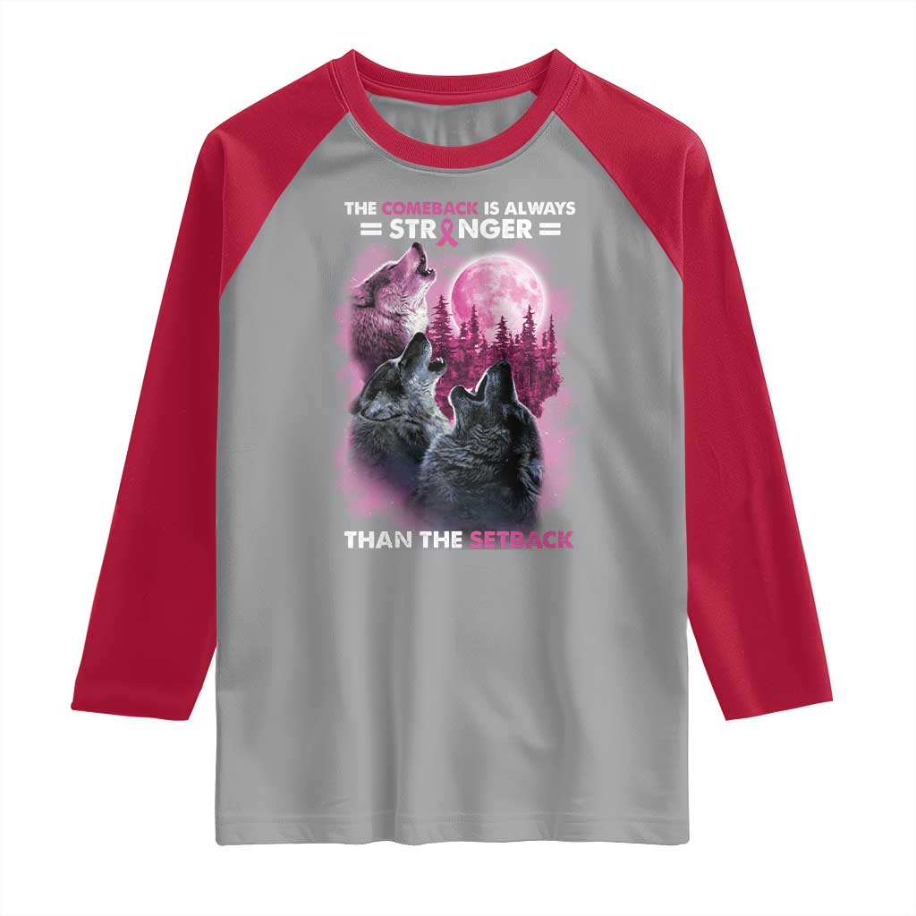 Pink Breast Cancer Raglan Shirt Pink Ribbon Comeback Stronger Than Setback Wolf Moon - Wonder Print Shop