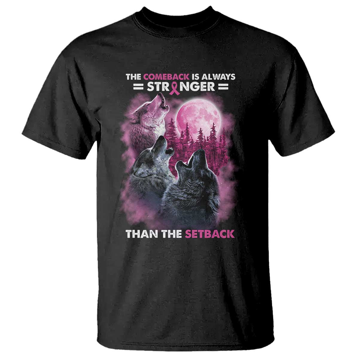 Pink Breast Cancer T Shirt Pink Ribbon Comeback Stronger Than Setback Wolf Moon - Wonder Print Shop