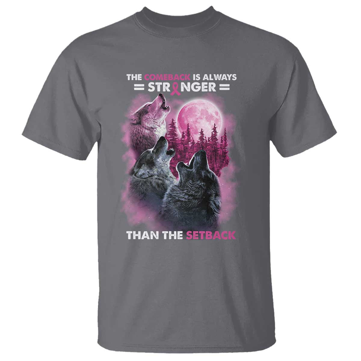 Pink Breast Cancer T Shirt Pink Ribbon Comeback Stronger Than Setback Wolf Moon - Wonder Print Shop