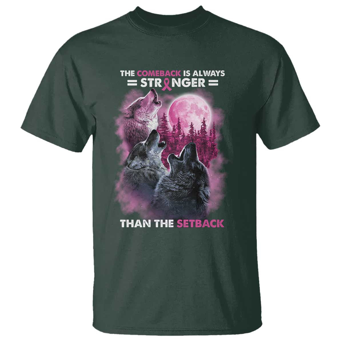 Pink Breast Cancer T Shirt Pink Ribbon Comeback Stronger Than Setback Wolf Moon - Wonder Print Shop