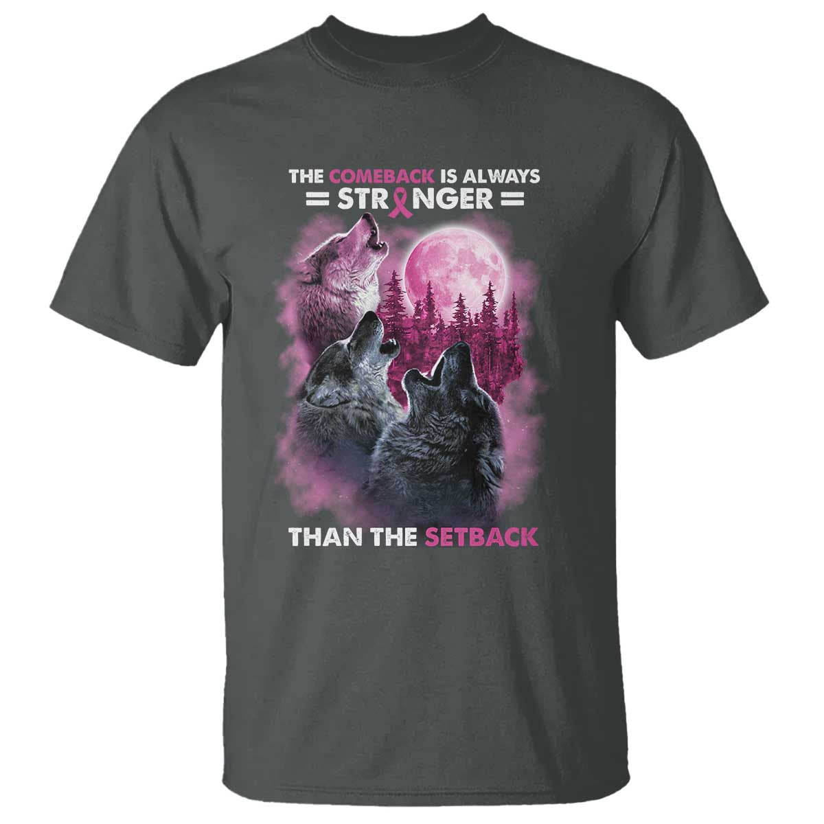 Pink Breast Cancer T Shirt Pink Ribbon Comeback Stronger Than Setback Wolf Moon - Wonder Print Shop