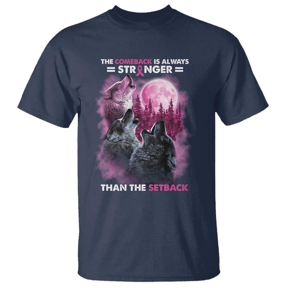 Pink Breast Cancer T Shirt Pink Ribbon Comeback Stronger Than Setback Wolf Moon - Wonder Print Shop