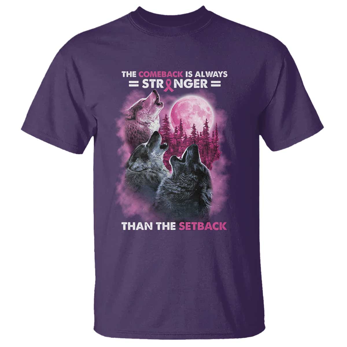 Pink Breast Cancer T Shirt Pink Ribbon Comeback Stronger Than Setback Wolf Moon - Wonder Print Shop