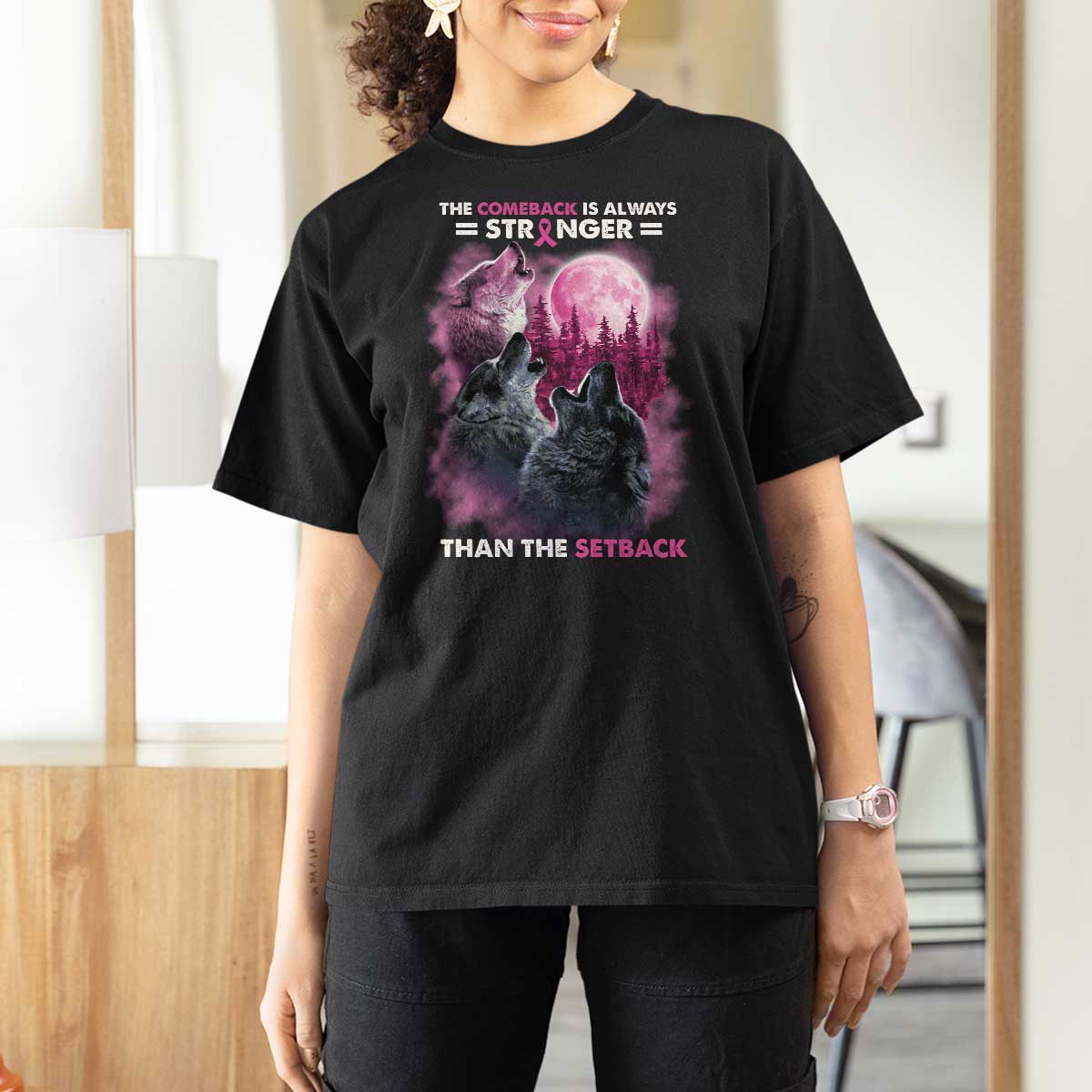 Pink Breast Cancer T Shirt For Women Pink Ribbon Comeback Stronger Than Setback Wolf Moon - Wonder Print Shop