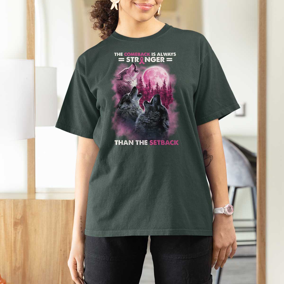Pink Breast Cancer T Shirt For Women Pink Ribbon Comeback Stronger Than Setback Wolf Moon - Wonder Print Shop
