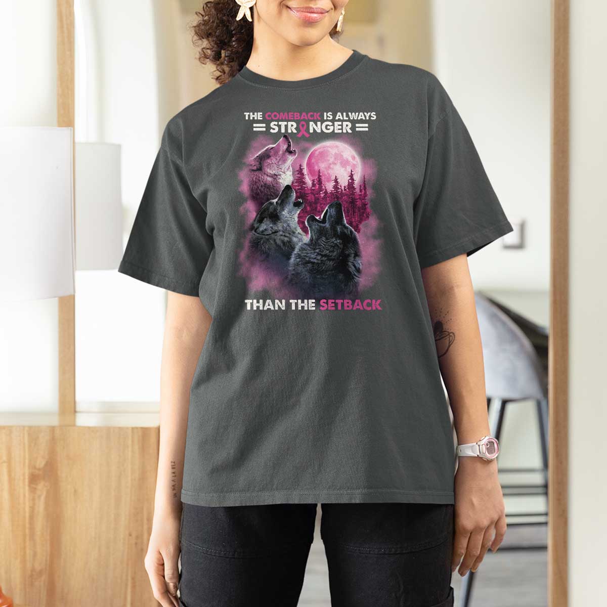 Pink Breast Cancer T Shirt For Women Pink Ribbon Comeback Stronger Than Setback Wolf Moon - Wonder Print Shop