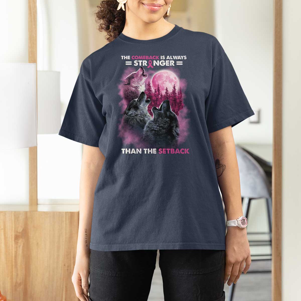 Pink Breast Cancer T Shirt For Women Pink Ribbon Comeback Stronger Than Setback Wolf Moon - Wonder Print Shop