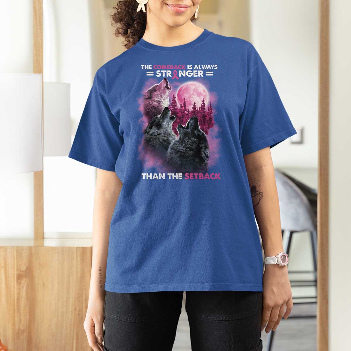 Pink Breast Cancer T Shirt For Women Pink Ribbon Comeback Stronger Than Setback Wolf Moon - Wonder Print Shop