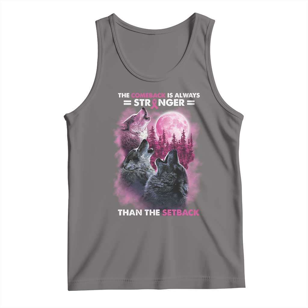 Pink Breast Cancer Tank Top Pink Ribbon Comeback Stronger Than Setback Wolf Moon - Wonder Print Shop