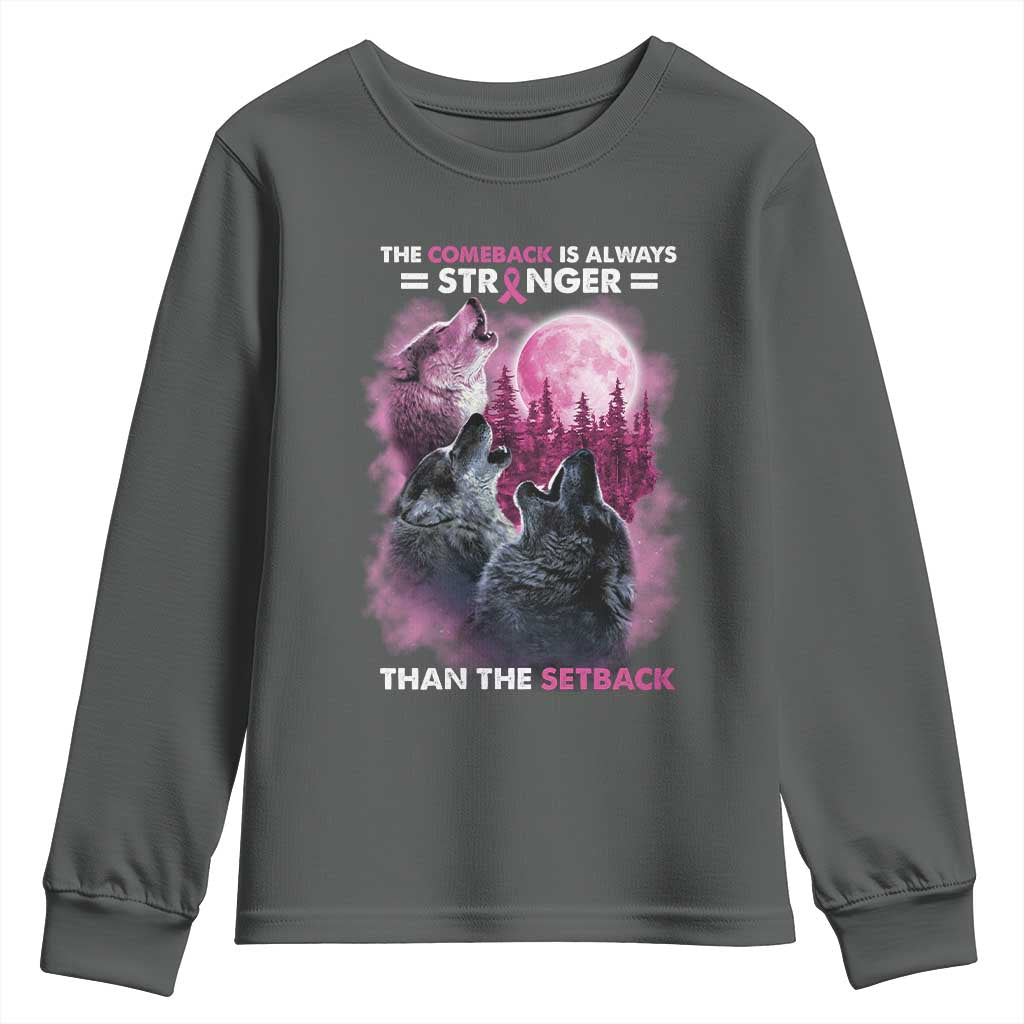 Pink Breast Cancer Youth Sweatshirt Pink Ribbon Comeback Stronger Than Setback Wolf Moon - Wonder Print Shop