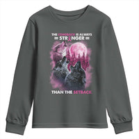 Pink Breast Cancer Youth Sweatshirt Pink Ribbon Comeback Stronger Than Setback Wolf Moon - Wonder Print Shop