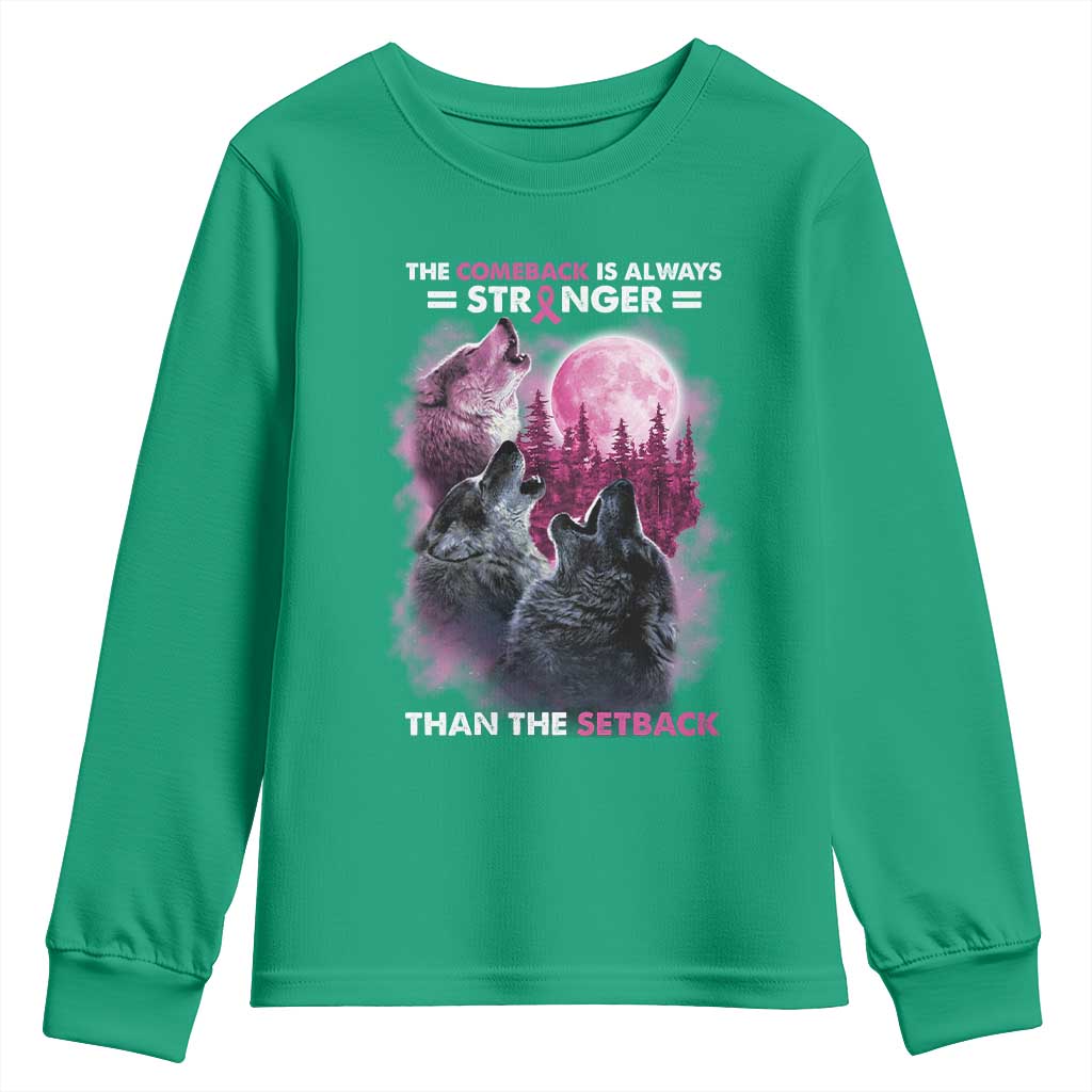Pink Breast Cancer Youth Sweatshirt Pink Ribbon Comeback Stronger Than Setback Wolf Moon - Wonder Print Shop