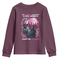 Pink Breast Cancer Youth Sweatshirt Pink Ribbon Comeback Stronger Than Setback Wolf Moon - Wonder Print Shop