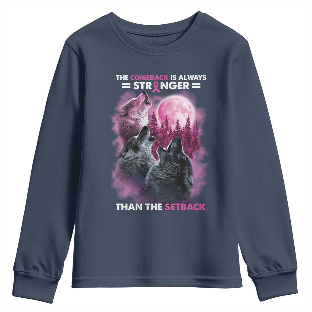 Pink Breast Cancer Youth Sweatshirt Pink Ribbon Comeback Stronger Than Setback Wolf Moon - Wonder Print Shop