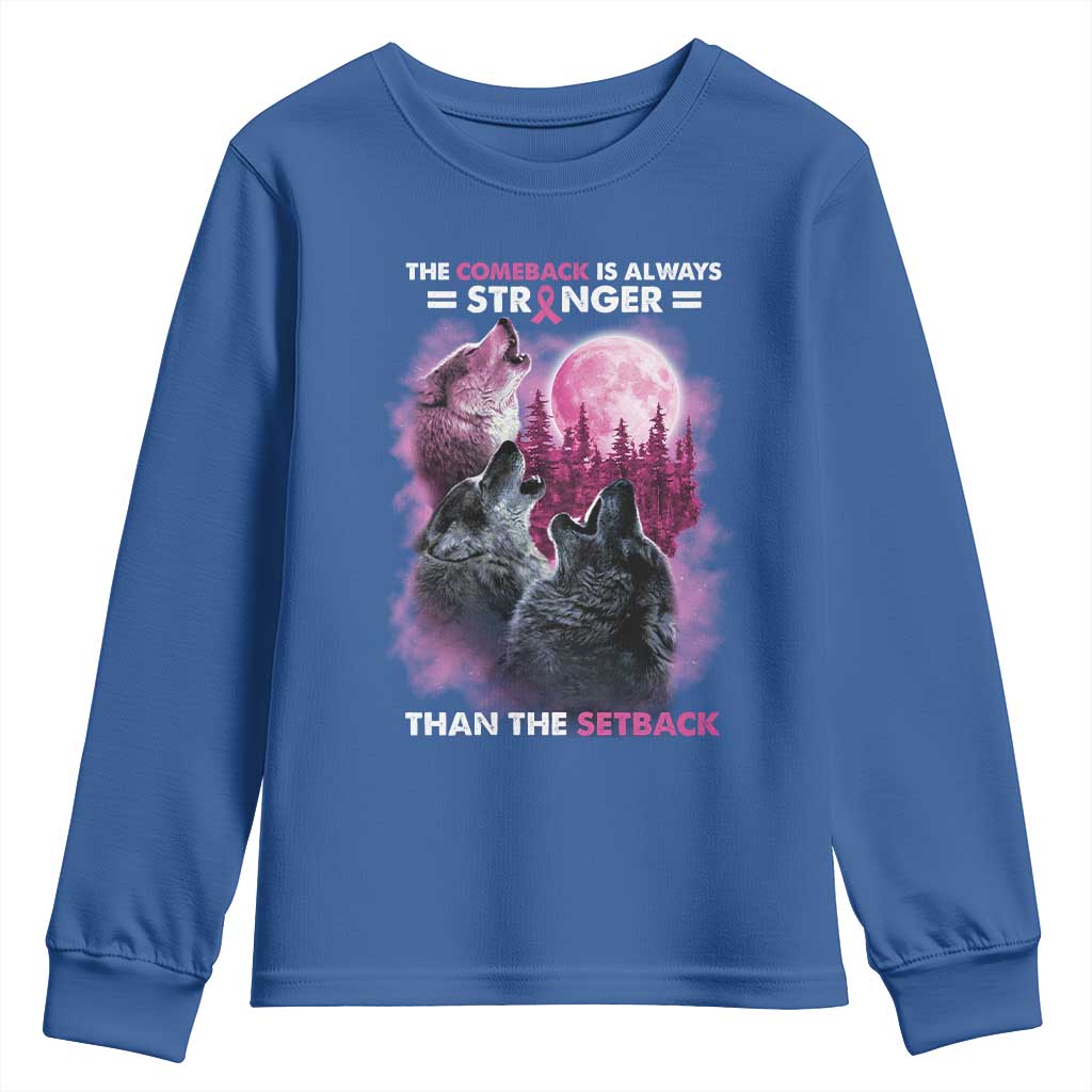Pink Breast Cancer Youth Sweatshirt Pink Ribbon Comeback Stronger Than Setback Wolf Moon - Wonder Print Shop