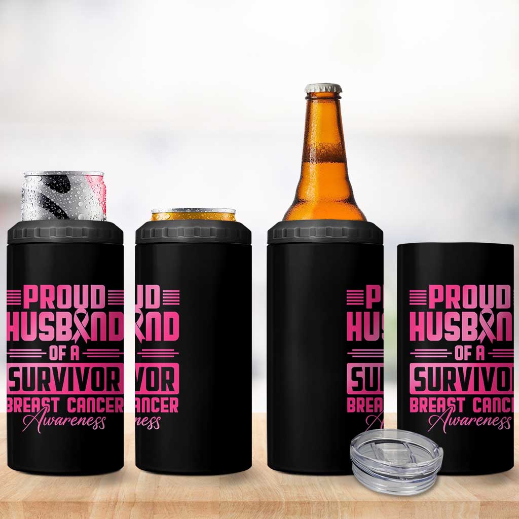 Husband Of A Warrior Breast Cancer Awareness 4 in 1 Can Cooler Tumbler Wife Support Squad - Wonder Print Shop