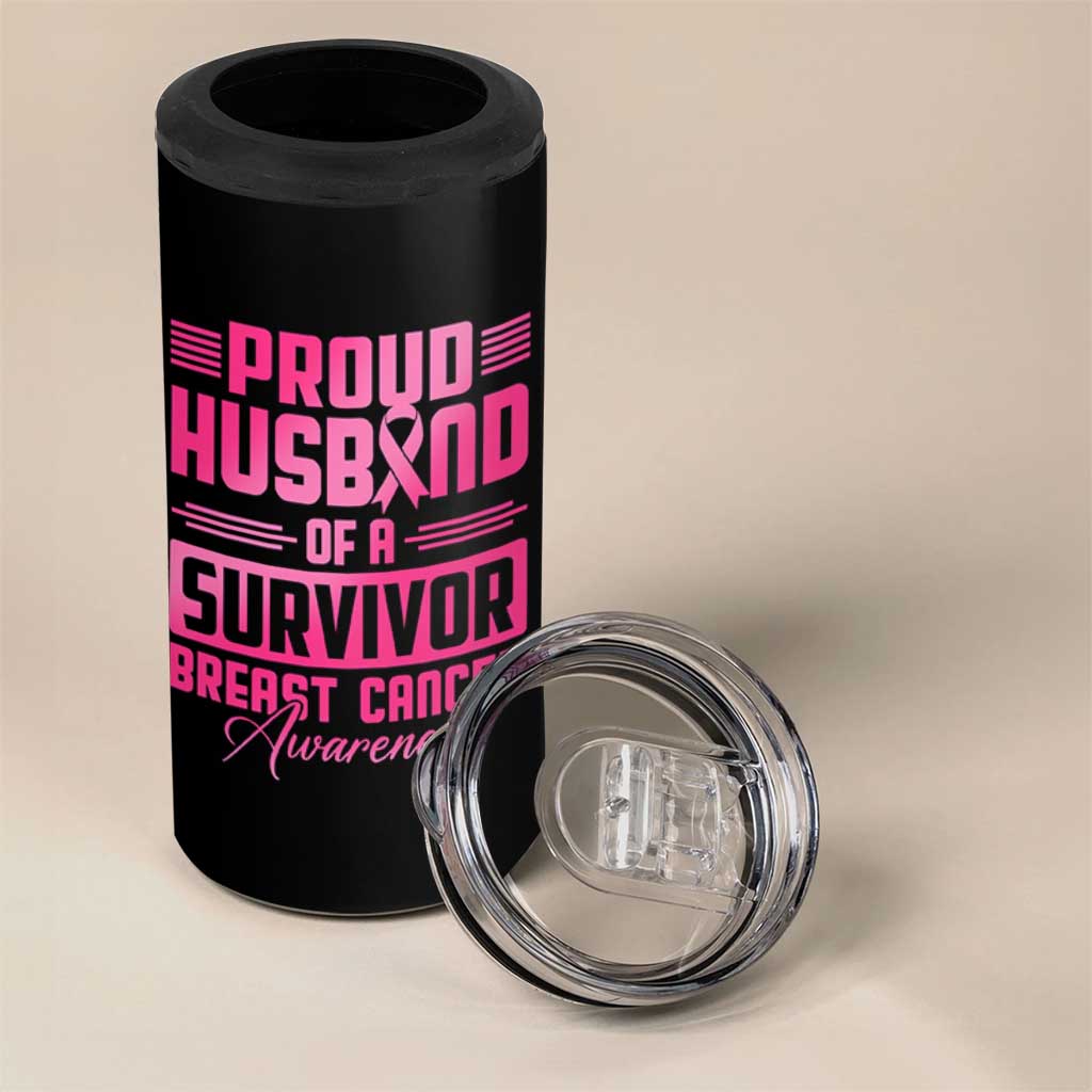 Husband Of A Warrior Breast Cancer Awareness 4 in 1 Can Cooler Tumbler Wife Support Squad - Wonder Print Shop