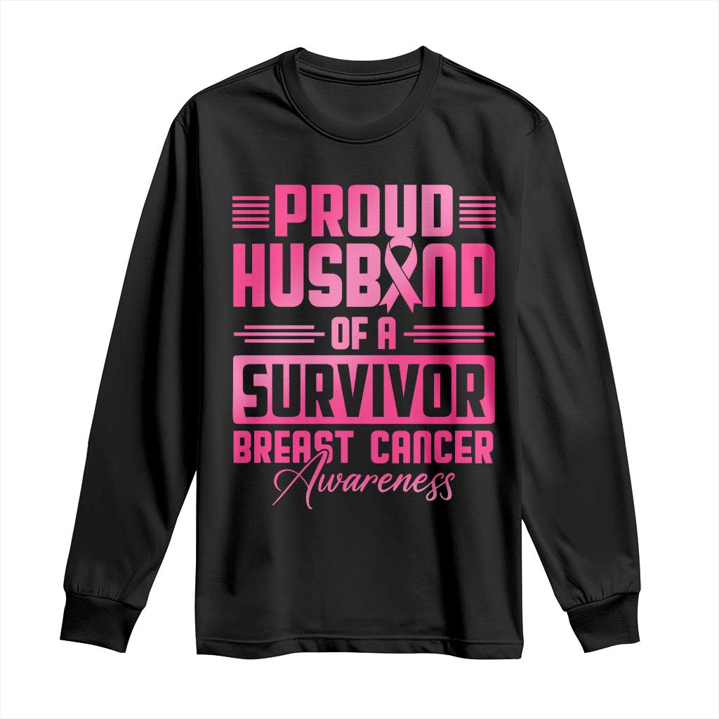Husband Of A Warrior Breast Cancer Awareness Long Sleeve Shirt Wife Support Squad - Wonder Print Shop
