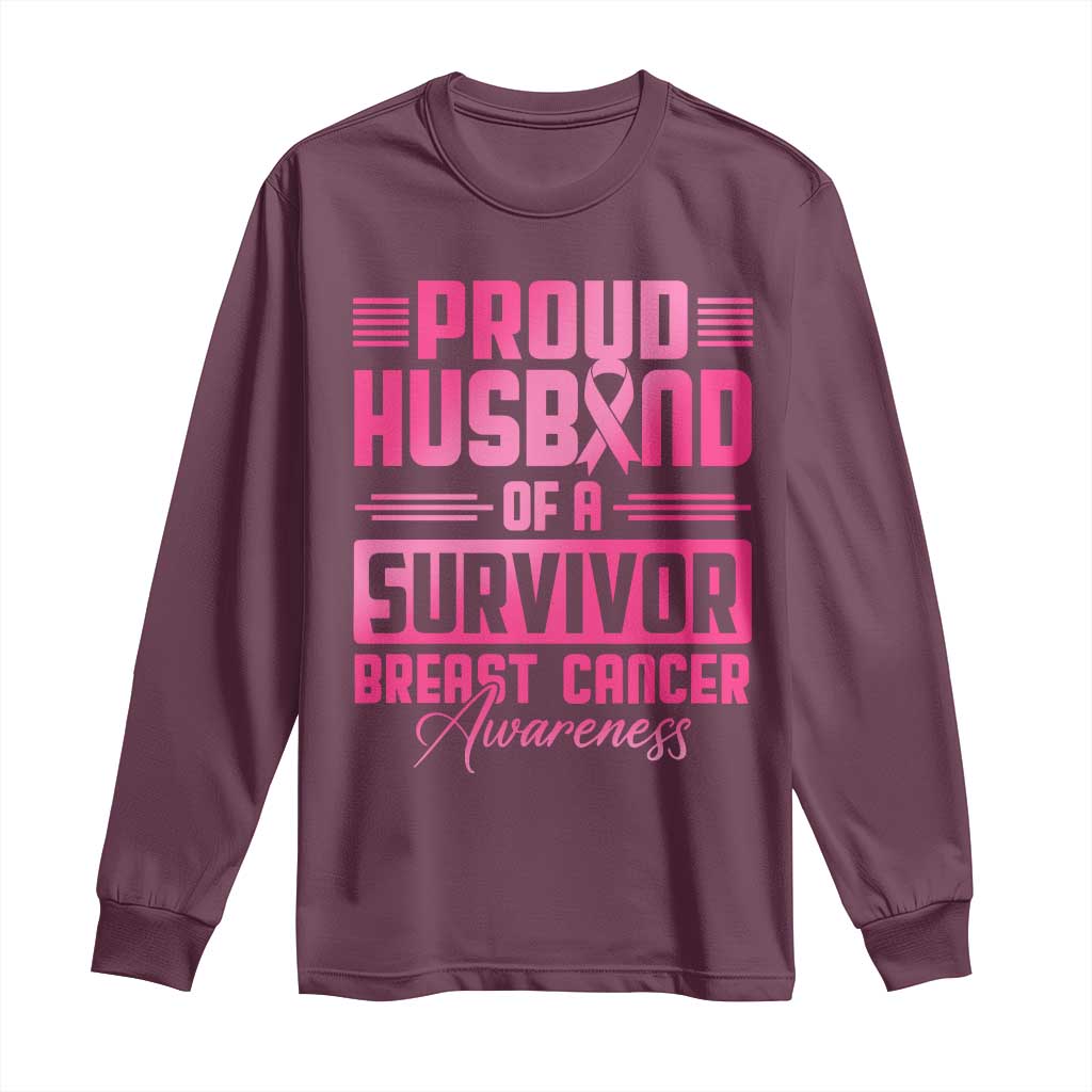 Husband Of A Warrior Breast Cancer Awareness Long Sleeve Shirt Wife Support Squad - Wonder Print Shop
