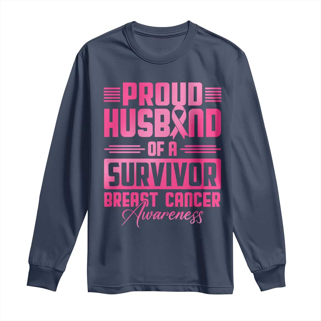 Husband Of A Warrior Breast Cancer Awareness Long Sleeve Shirt Wife Support Squad - Wonder Print Shop