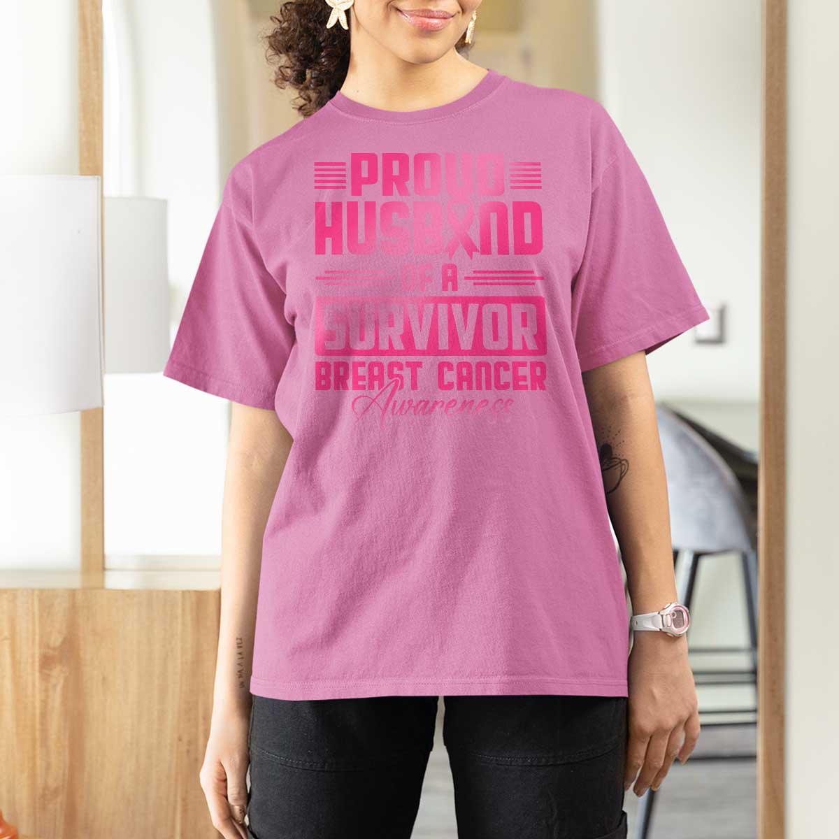 Husband Of A Warrior Breast Cancer Awareness T Shirt For Women Wife Support Squad - Wonder Print Shop