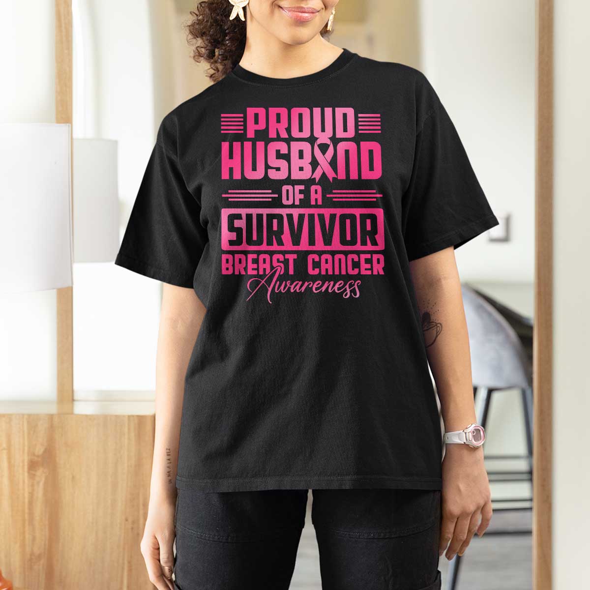 Husband Of A Warrior Breast Cancer Awareness T Shirt For Women Wife Support Squad - Wonder Print Shop
