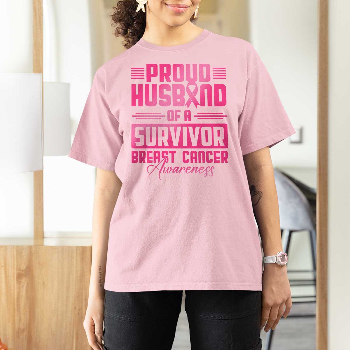 Husband Of A Warrior Breast Cancer Awareness T Shirt For Women Wife Support Squad - Wonder Print Shop