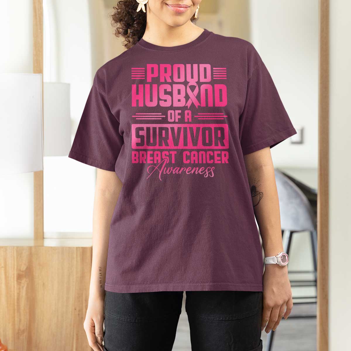 Husband Of A Warrior Breast Cancer Awareness T Shirt For Women Wife Support Squad - Wonder Print Shop