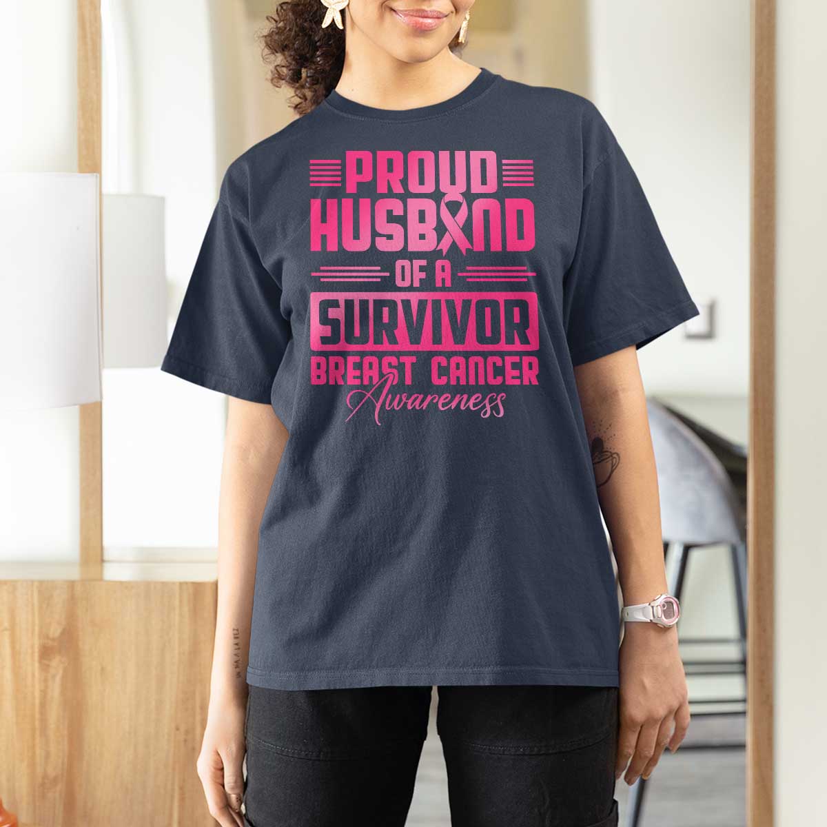 Husband Of A Warrior Breast Cancer Awareness T Shirt For Women Wife Support Squad - Wonder Print Shop